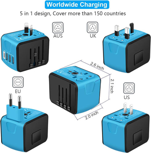 Travel Adapter Worldwide, Universal International Power Plug Adapter with 2.4A 3xUSB-A and 3.0A Type-C Charger