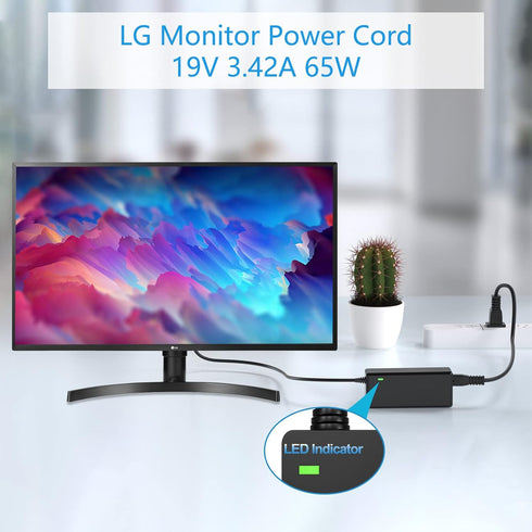 Power Cord for LG Monitor DC 19V 3.42A for 34" 32" 29" 27" 24" 23" 22" 20" 19" UltraWide IPS Curved LED 4K UHD LCD