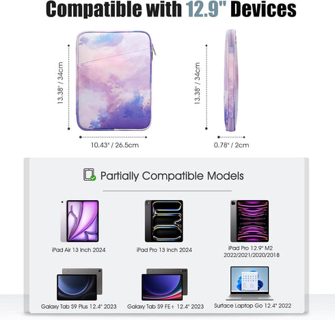 TiMOVO 13 Inch Tablet Sleeve for iPad Air 2024, iPad Pro 12.9" M2 2022/2021, Protective Bag with Pocket, Purple