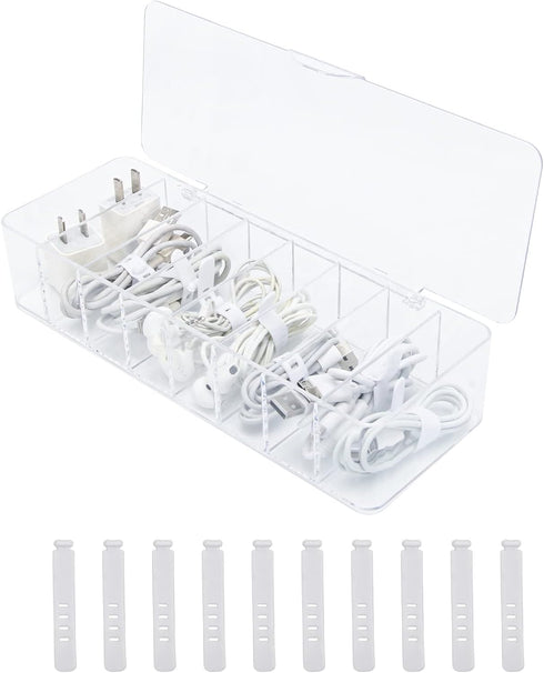 Plastic Cable Organizer Storage Box with 10 Rubber Ties for Cord Management at Home or Office
