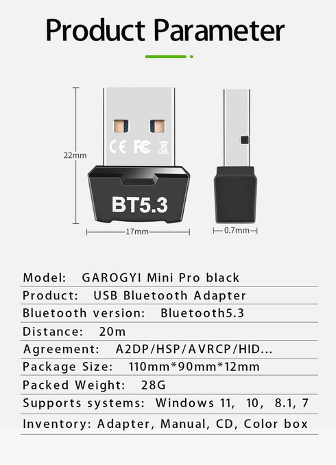 USB Bluetooth 5.3 Adapter for PC, Wireless Transmitter Receiver for Desktop, Laptop, Supports Windows 11/10/8.1/7