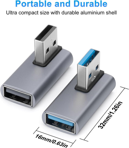 90 Degree USB3.0 Adapter (2 Pack), Left and Right Angle USB A Male to Female Converter for PC, Laptop, Power Bank