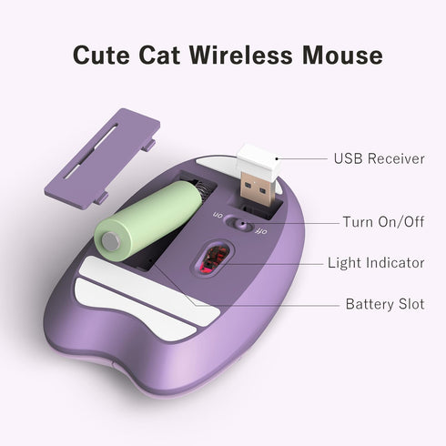 Cute Cat Wireless Silent Mouse, 2.4GHz USB Receiver, 3 Adjustable DPI, Compatible with PC, Laptop, Notebook - Purple