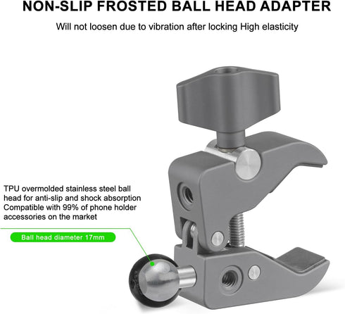FANAUE Aluminum Handlebar Base Mount with 17mm Ball Head Adapter, Strong Rod Clamp for Rails 0.5'' to 2'' Diameter,