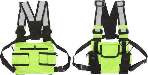 Radio Chest Harness Bag, Universal Two Way Adjustable Oxford Cloth Radio Vest Rig with Front Pack Pouch, Fruit Green