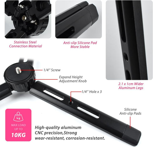 Adjustable Aluminum Mini Tripod, Desktop Tabletop Tripod Stand for DSLR Cameras, Zhiyun Weebill/Smooth/Crane, DJI Ronin S/SC/RSC/RS,Osmo Mobile,Stabilizer Handle Tripod (4-Level Adjustable)