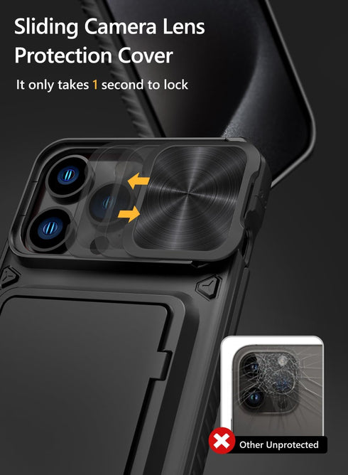 Vihibii Wallet Case for iPhone 15 Pro Max, Black with Card Holder (4 Cards), Slide Camera Cover & Kickstand, Military