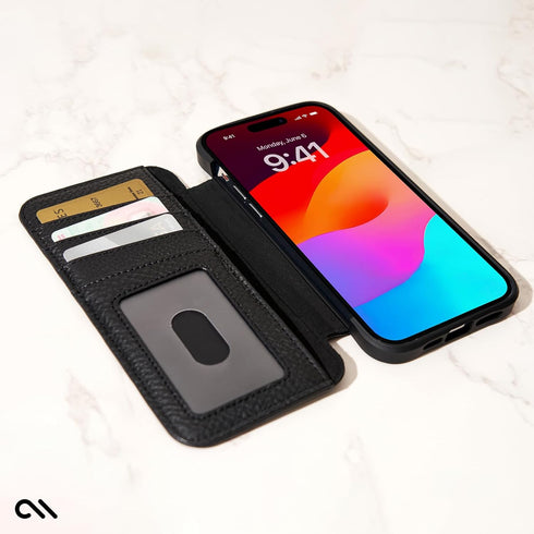 Case-Mate Wallet Folio for iPhone 15 Pro Max, Black, 12ft Drop Protection, Magnetic Flip Folio Cover with Cash and Card