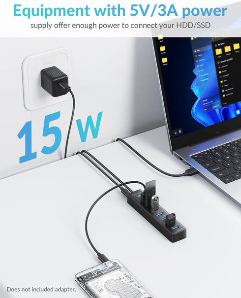 PHIXERO 7 Port USB Hub with 1.6FT Long Cable, Multi USB Port Hub, USB Extension Hub for Laptop, Compatible with USB