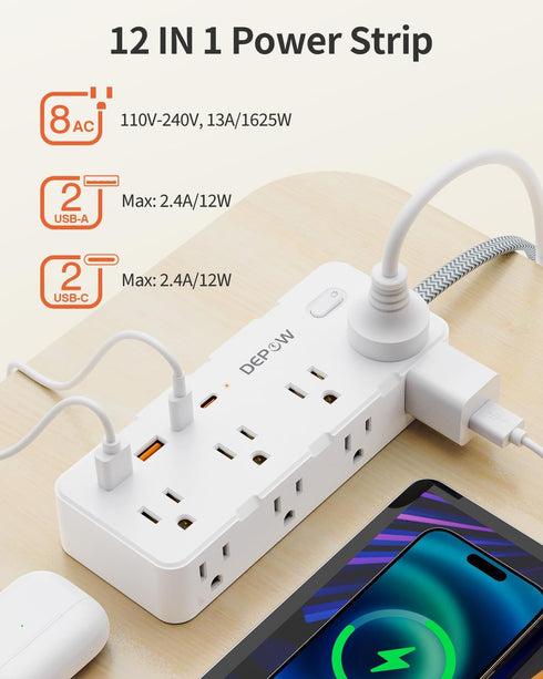 Power Strip Surge Protector, 5FT Braided Extension Cord with 8 AC Outlets and 4 USB Ports for Home Office