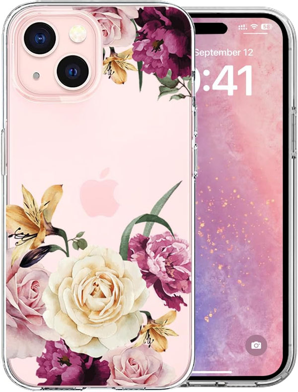 Designed for iPhone 15 Case, Clear Cute Pink Purple Floral Flowers Design, Hard Back Soft Bumper Shockproof Cover