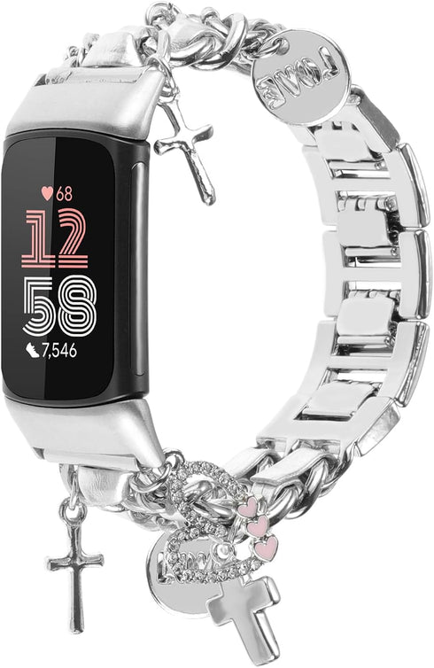 Stylish Metal Wristband Compatible with Fitbit Charge 6/Charge 5 Bands for Women Girl,Cute Strap with Unique Love Cross Pendants Chain Charms Bracelet for Charge 5 6 Fitness Tracker