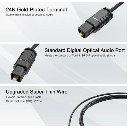 25 PS4 Optical Audio Cable feet, Digital Audio Optical Cable Ultra-Thin Cord, Toslink SPDIF Fiber Optic Cable