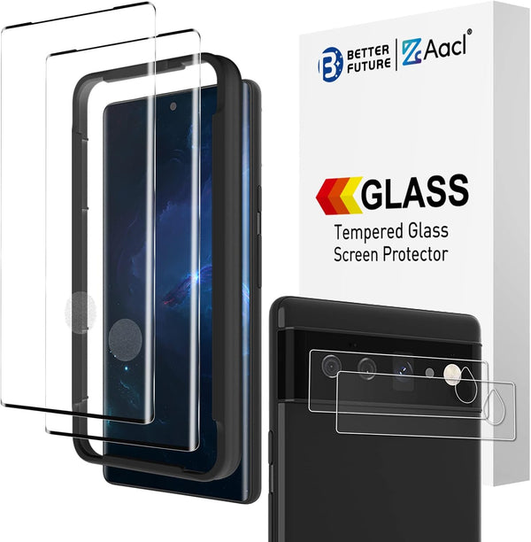 2 Pack 3D Tempered Glass Screen Protector for Google Pixel 6 Pro + 2 Pack Camera Lens Protector [Fingerprint