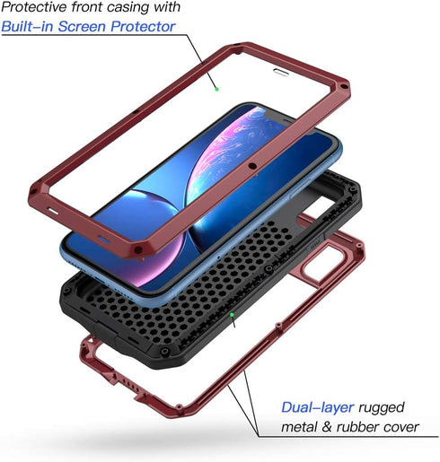 Lanhiem iPhone XR Metal Case, Rugged Full Body Shockproof Cover with Built-in Glass Screen Protector, Red