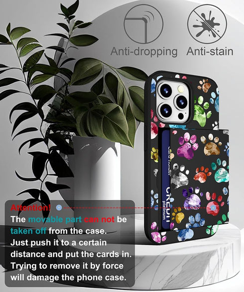 Compatible with iPhone 14 Pro Max Case, Cute Card Holder Slim Wallet Cases for Women, Colorful Doodle Paws