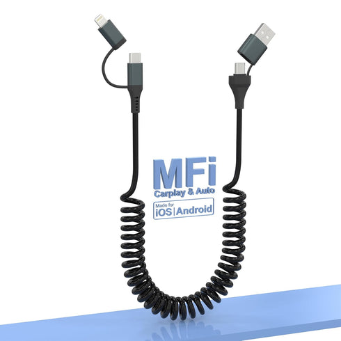 USB-C and Lightning Cable 4 in 1 Combo - MFi Certified Coiled iPhone Charger Cord for Apple Carplay & Android Auto