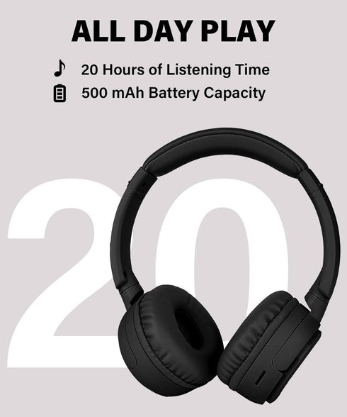 On-Ear Headphones Wireless Bluetooth, Lightweight Foldable Design, 20H Playtime, Built-in HD Mic, Black