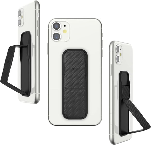 CLCKR Cell Phone Grip and Expanding Stand, Universal Holder for iPhone 15 Pro, Pro Max, Samsung Phones, Carbon Fibre