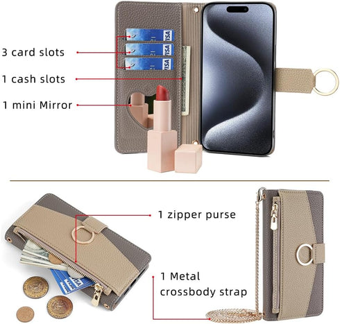 Asuwish Phone Case for iPhone 15 Pro 6.1 inch Wallet Cover with Screen Protector and Mirror Flip Cover Ring Card Holder Crossbody Strap Stand Cell iPhone15Pro 5G i i-Phone i15 iPhone15 15Pro Gray