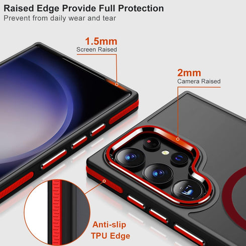 Samsung Galaxy S23 Ultra Case, Slim Drop-Proof, Anti-Skid Edge, MagSafe Compatible, Silky Translucent Back, Black/Red.