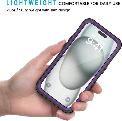 Lanhiem for iPhone 15 Plus Case, IP68 Waterproof Dustproof with Built-in Screen Protector, 360 Full Body Cover, Purple