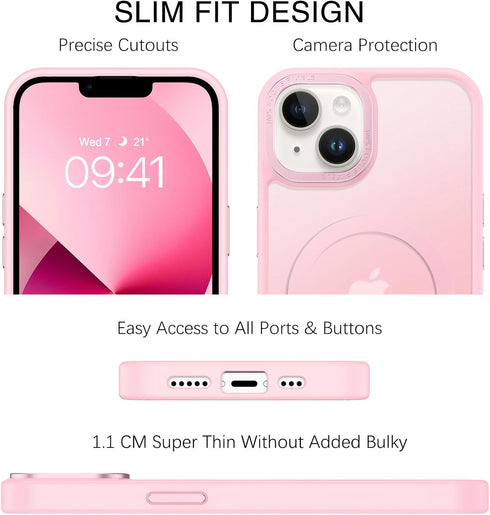BENTOBEN Translucent Matte iPhone 13/14 Case, Slim Shockproof, Magsafe Compatible, Tender Pink, Protective Cover for