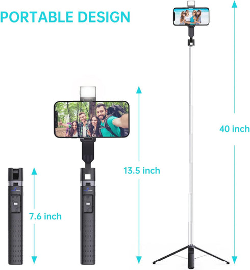 Ambertronix 40” Selfie Stick Tripod Quadrapod, Wireless Bluetooth Remote, Onboard Light, Compatible with iPhone &