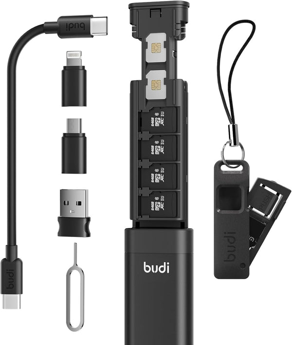 BUDI Multifunctional Compact Cable Card Travel Portable Aluminum Storage Case with Sim Card