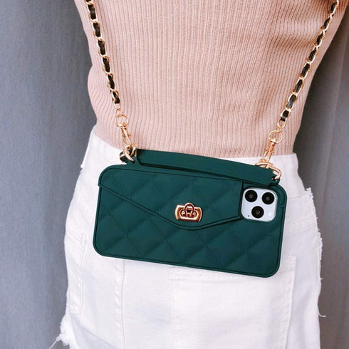 UnnFiko Cute Wallet Case for iPhone 11 Pro, Light Luxury Bag Design, Soft Silicone Cover with Handstrap (Dark Green)