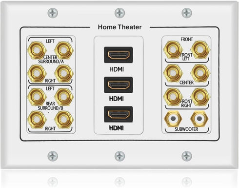 3 Gang 7.2 Surround Sound Distribution Home Theater Copper Banana Binding Post Coupler Type Wall Plated for 7 Speakers 2 RCA Jacks for Subwoofers and 3 HDMI Ports