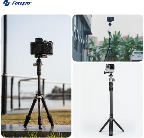 Fotopro 25" Carbon Fiber Tripod - 3-Section Extension Tube, Max Load 22lbs