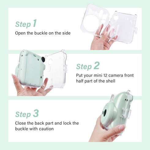 MUZIRI KINOKOO Clear Protective Case for Fuji Instax Mini 12, Hard PVC Carrying Case with Rainbow Shoulder Strap