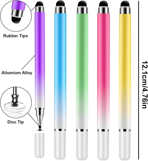 Lapocover 5 Pack 2 1 in Stylus Pen for Touchscreen,iPad,iPhone,Gradient Colored Stylus Pen with Pen Caps,High Precision
