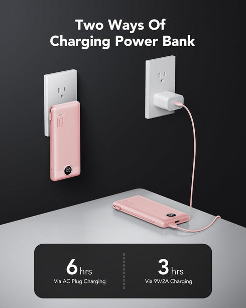 VRURC Portable Charger Power Bank with Wall Plug, 10000mAh with Built-in Cables, PD 20W Fast Charging