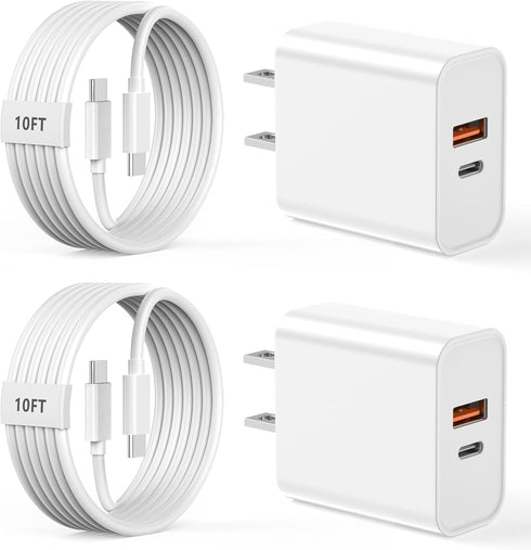 iPhone 15 Charger Fast Charging, 2 Pack 20W Dual Port PD+QC3.0 Wall Charger with 10FT USB C to C Charger Cable