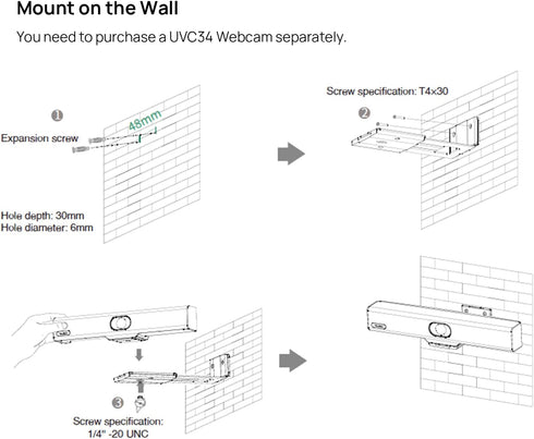 UVC34 4K (BRK-VC118), Yealink Wall Mounting Bracket for Webcam Mount on The Wall / Mount onto a TV Stand or a Tripod