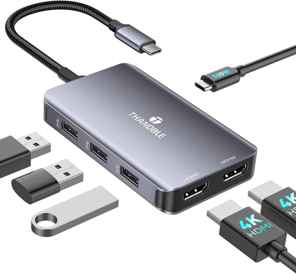 THANDBLE USB C to Dual HDMI Adapter, 6 in 1 Docking Station Dual
