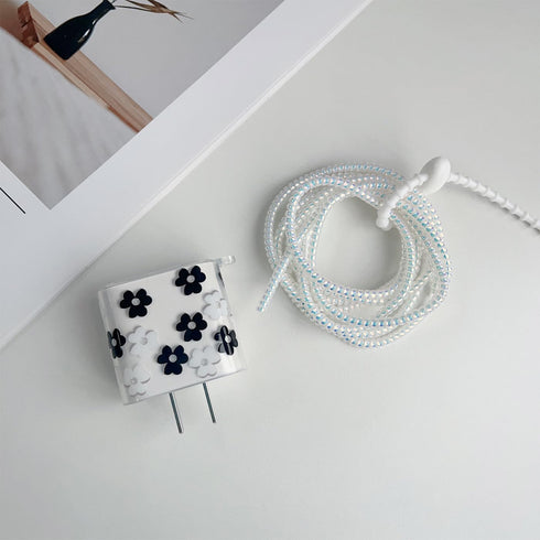 for Apple 20W USB-C Power Adapter Charger Protective Case with USB Lightning Cable Cover,Cute Women Flower Floral Data Cable Phone Charger Data Line Earphone Wire Protector,Clear Black