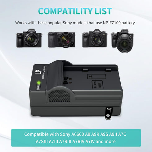 NP-FZ100 Battery Charger for Sony Cameras A9 A9R A9S A9II A7C A7SIII A7III A7RIII A7RIV A7IV A6600 with LED Display