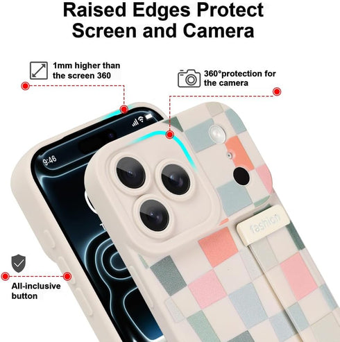 Jefonha 17 Case for iPhone Pro Silicone Phone Case with Strap for Women Girls Cute Aesthetic Checkered Checkerboard
