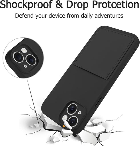iPhone 15 Wallet Case - Black Soft Liquid Silicone with Card Holder, Scratchproof & Shockproof Protective Cover for Men