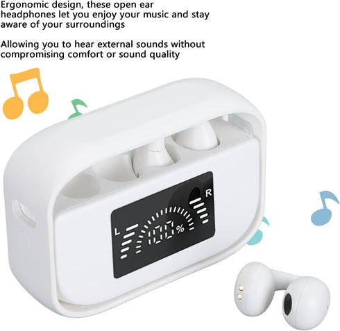 Open Ear Clip Headphones - Bluetooth Earbuds with Built-in Mic, Ear Hooks, LED Display Charging Case, and IPX5