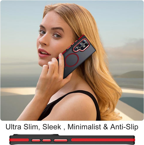 Samsung Galaxy S23 Ultra Case, Slim Drop-Proof, Anti-Skid Edge, MagSafe Compatible, Silky Translucent Back, Black/Red.