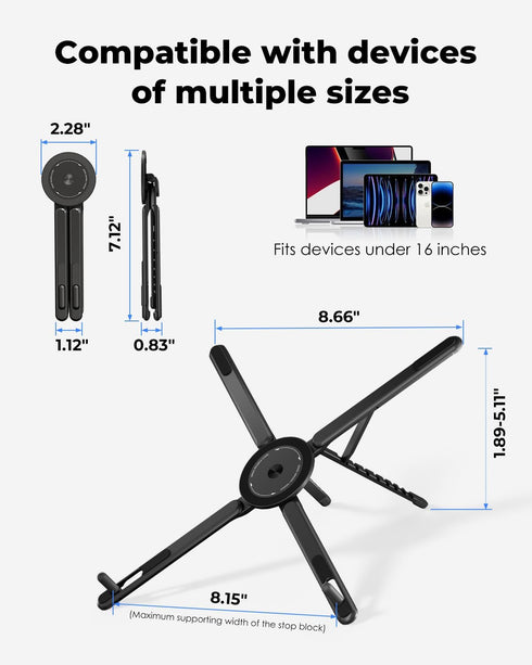 Viozon 1016 413 Portable Laptop Stand for Desk, Foldable Adjustable Computer Riser with Magnetic Phone Holder, Aluminum