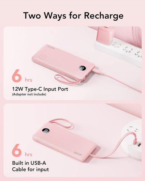 VRURC Portable Charger 10000mAh Slim LED Display Power Bank with 5 Output 2 Input, Built-in Cables, Pink