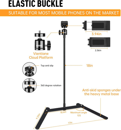 Phone Stand for Recording, Adjustable Tripod, Overhead Mount, Gooseneck Holder for Video Recording