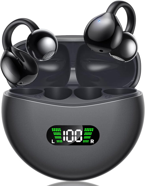 Open Ear Earbuds, Bone Conduction Headphones, Wireless Clip On with Charging Case, 42 Hours Playtime, Black