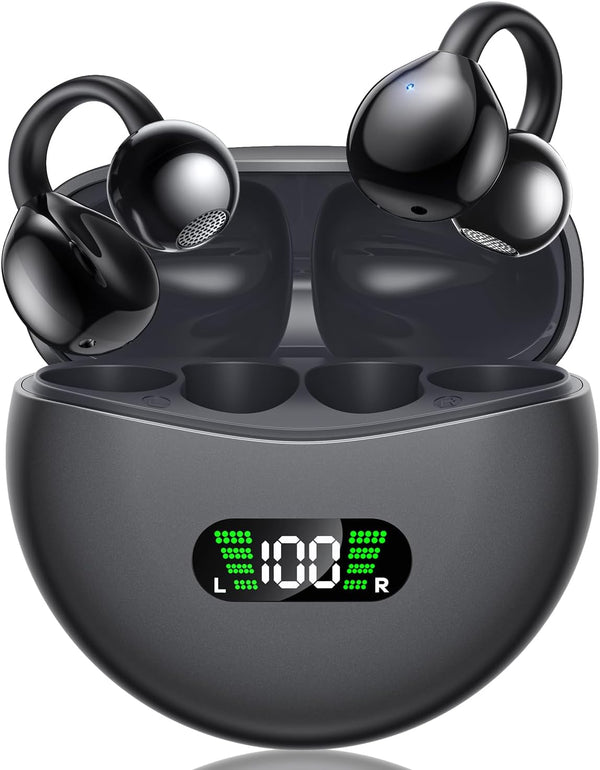 Open Ear Earbuds, Bone Conduction Headphones, Wireless Clip On with Charging Case, 42 Hours Playtime, Black