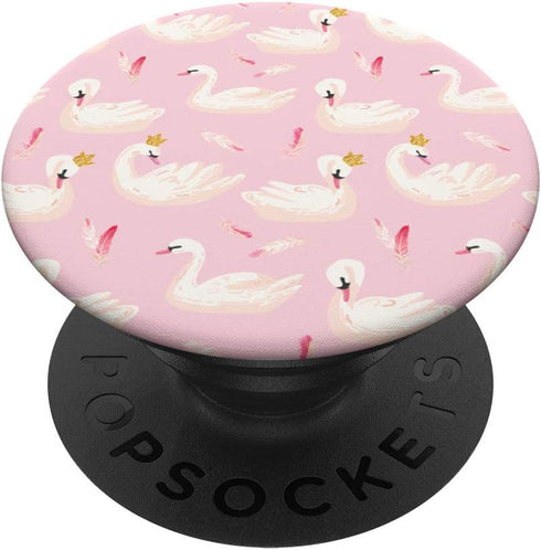 Cute Swans White with Feathers and Crowns Pattern on Pink PopSockets PopGrip for Phones & Tablets
